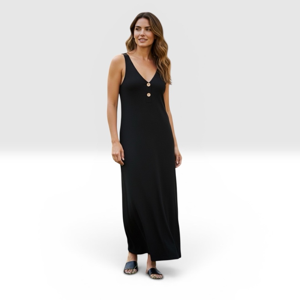 FINAL Touch Black Rayon Sleeveless Dress Button Detail One Side Slit Size Small